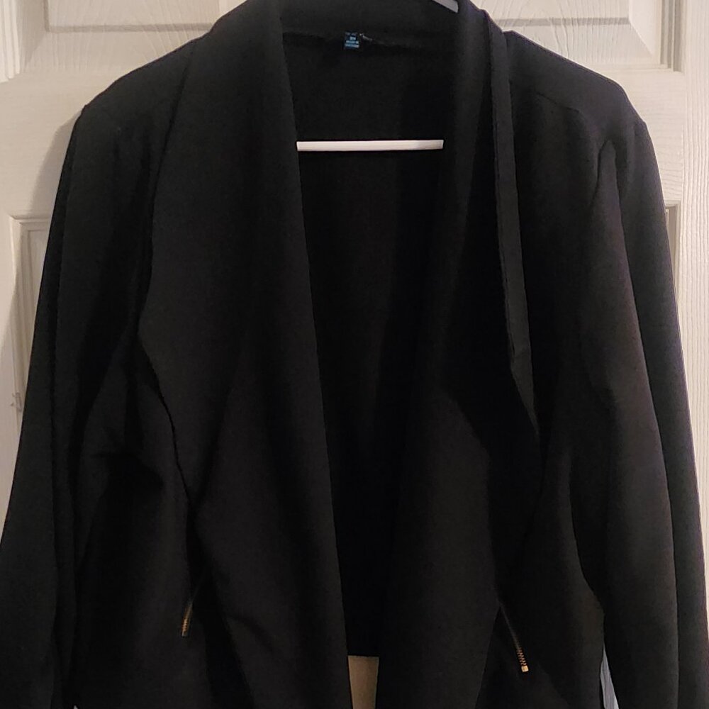 Black Open-Front Drape Blazer with Gold Zipper Accents